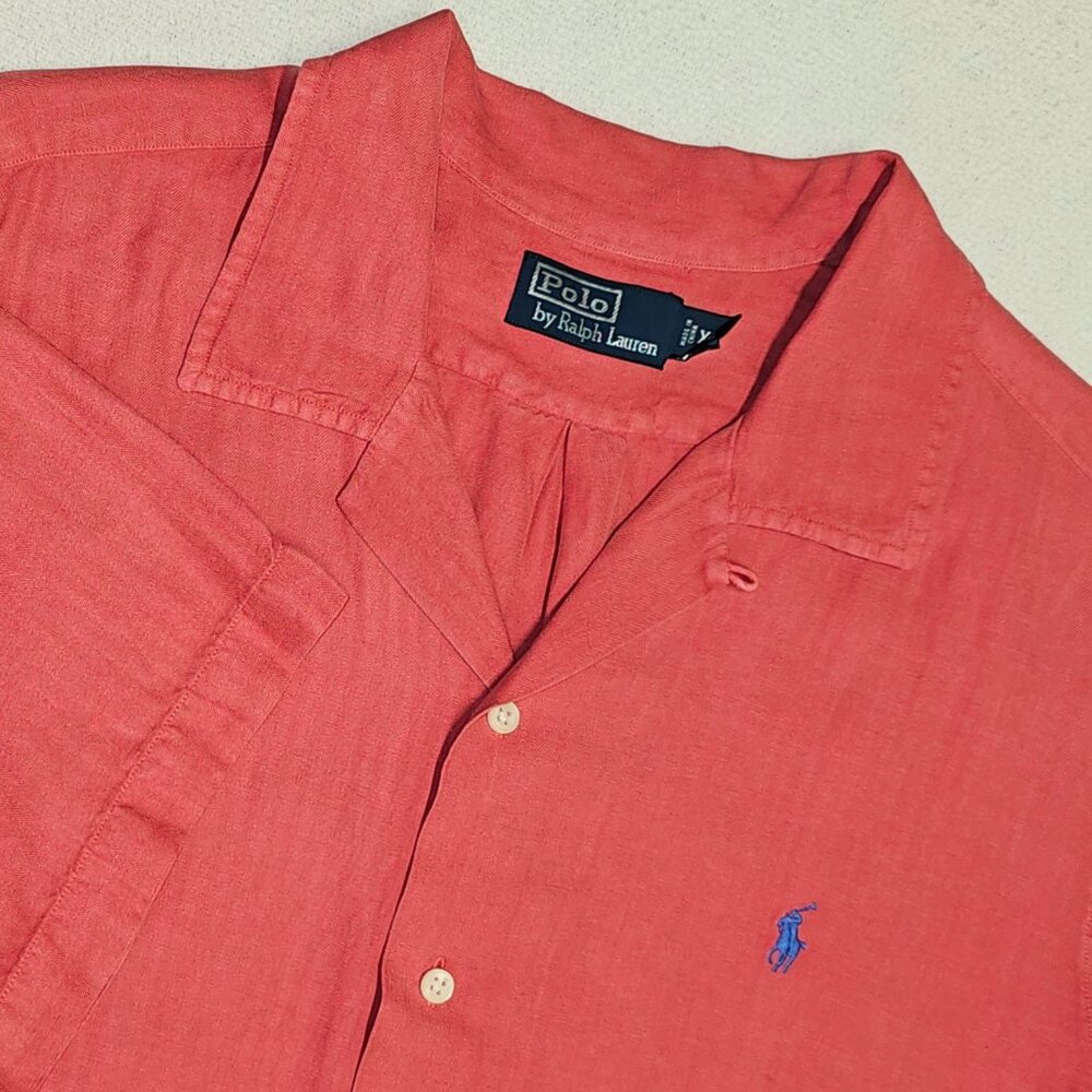 Polo Ralph Lauren Shirt Mens XL Pink Silk Blend Vertical Slub Stripe Loop Collar